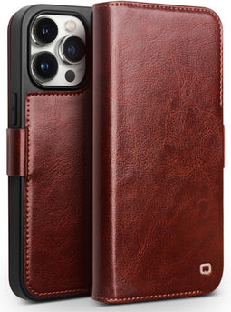 Qialino - Geschikt voor iPhone 15 Pro Max - Leren bookcase hoes - Bruin