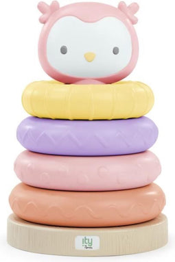 ITY by INGENUITY Cutie Stacks Nally, 4 BPA-vrije stapelbare bijtringen, steun van imitatiehout, beer, roze, vanaf 6 maanden
