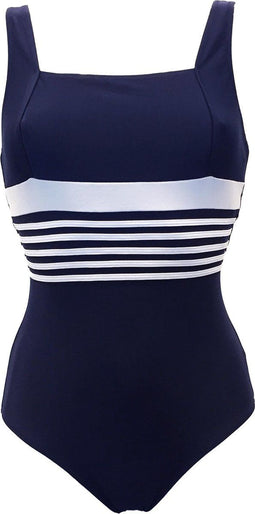 Nickey Nobel Darwin Stripes - Dames Badpak - Mouwloos - Donkerblauw met witte strepen - Maat 40