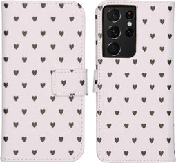iMoshion Hoesje Geschikt voor Samsung Galaxy S21 Ultra Hoesje Met Pasjeshouder - iMoshion Design Softcase Bookcase - Wit / Zwart / Hearts Allover White