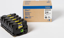 Brother HGe-651V5 Labeltape Set van 5 stuks Tapekleur: Geel Tekstkleur: Zwart 24 mm 8 m