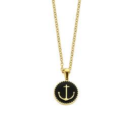 CO88 Collection Majestic 8CN 26047 Stalen Collier met Hanger - Rond met Anker Ø 15 mm - Lengte 42 + 5 cm - Goudkleurig / Zwart