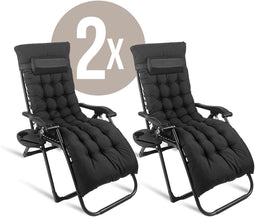 Lugia Opvouwbare Ligstoel - Tuinstoelen Set van 2 - Verstelbare Rugleuning met Kussen en Bekerhouder - Zwart (2 stuks)