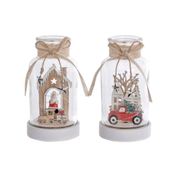 Verlichte decoratie DKD Home Decor Kerstmis Natuurlijk Huis (2 Stuks) (9 x 9 x 17 cm)