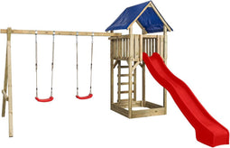 Houten Speeltoestel Jonas (SwingKing) | Speeltoren met Glijbaan, Dubbele Schommel en Zandbak | Voor Buiten in de Tuin | FSC Hout - Glijbaan Rood