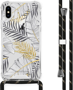 iMoshion Hoesje Geschikt voor iPhone Xs / X Hoesje Met Koord - iMoshion Design Hoesje met Koord - Goud / Zwart / Transparant / Glamour Botanic