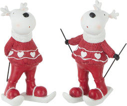 J-Line figuur Rendier Skien - polyresin - wit/rood - small - 2 stuks