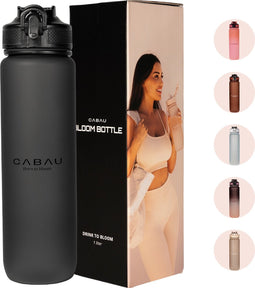 Cabau Bloom Waterfles / Drinkfles | 1 liter | Black | Handige drinktuit & unieke maataanduiding | BPA- & Lekvrij | Drinkfles met rietje volwassenen | Drinkfles volwassenen | Drinkfles 1 liter | Verschillende drinkflessen | Cadeau voor haar