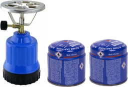 Camping kookstel - kunststof - blauw - incl. 2x gas navulling priktank - 190 gram