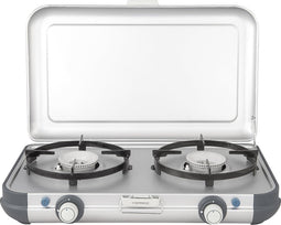 Campingaz Camping Kitchen 2 CV PZ Camping kooktoestel - 2 pits camping gas kooktoestel - 2x 2000 Watt - Piezo ontsteking - werkt op Campingaz CV470+ gascartouche - lichtgewicht camping kooktoestel 2 pits - voor 2 pannen van 24 cm - zilvergrijs