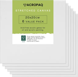 Canvas schildersdoek - 6 stuks, 20 x 20 cm, Voor olie en acrylverf en tekenen, Voor Kinderen en Volwassenen, Premium katoenen oppervlak - Wit - ACROPAQ