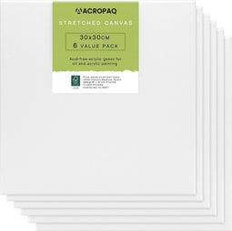 Canvas schildersdoek - 6 stuks, 30 x 30 cm, Voor olie en acrylverf en tekenen, Voor Kinderen en Volwassenen, Premium katoenen oppervlak - Wit - ACROPAQ