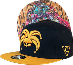 Capiche® Snapback Pet Heren – King Clown – Midnight Blauw & Geel – Verstelbaar met Druksluiting – Sportcap – Baseball Cap – Mannen Cap – Clown Pet
