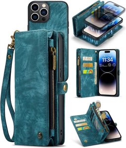 Caseme - Geschikt voor iPhone 14 Pro - Vintage 2 in 1 portemonnee hoes - Blauw