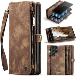 Caseme - Geschikt voor Samsung Galaxy S23 Ultra - Vintage 2 in 1 portemonnee hoes - Bruin