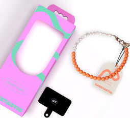Casetastic telefoonkoord gemaakt met echte Zoetzeeparels en kralen - Stevige duurzame haak - 30cm - Oranje