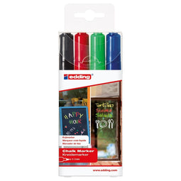 edding 4095 krijtstiften zwart, rood, blauw, groen - 4 stuks raamstiften - krijtmarkers - Afwasbaar - ronde punt 2-3 mm - krijtstift voor krijtborden, uitwisbaar - voor het schrijven op ruiten, glas, spiegels - schudden en pompen voor gebruik