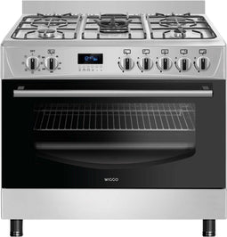 Wiggo WO-E909R - Vrijstaand gasfornuis - 90 cm - 5 kookzones met wokbrander - 110L elektrische oven - Roestvrijstaal