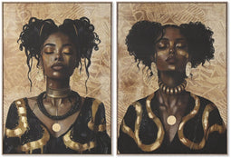 Schilderij Home ESPRIT Zwart Gouden Vrouw 103 x 4,5 x 143,5 cm (2 Stuks)