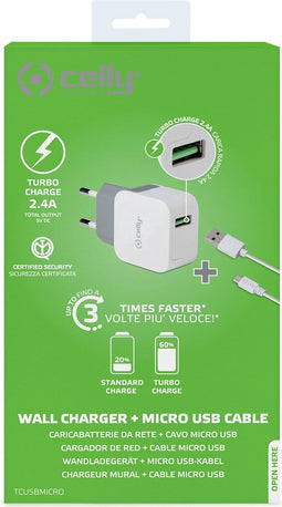 Celly Thuislader Turbo Charger Single Usb 2.4a + Micro-usb-kabel Wit