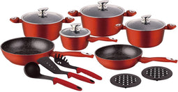 Pannenset 15 delig - Marmeren coating - Hapjespan - Kookpan - Marmeren coating - Met glazen deksels - Rood