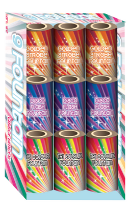 Fountain Pack 9-delig - Categorie1 fonteinen - 3 stuks Golden Strobe 3 stuks Disco Flash 3 stuks Tri Colour (9 stuks)