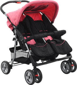 vidaXL - Tweelingkinderwagen - staal - roze - en - zwart