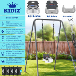 Babyschommel 3-in-1 - Metalen frame - Geschikt voor 6 maanden tot 10 jaar - Grijs