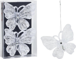 Christmas Decoration kersthangers vlinders -2x-wit glitter - 15 cm