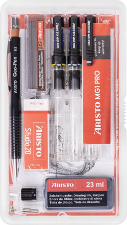 Aristo tekenpen - PRO Studio - set 8-delig - lijnbreedte 0.20/0.40/0.60mm - fles 23ml inkt - tekenpotlood - potloodstiftjes - gum - penadapter - AR-64153