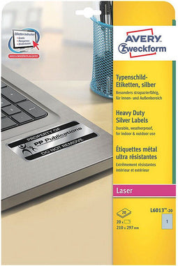 Avery L6013-20 - Beveiligingsetiketten - Scheurvast en bestand tegen extreme temperaturen - Zilver (20 stuks)