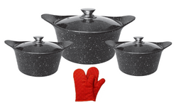 Cheffinger CF-KC01 - Kookpot set met deksel en handschoenen - Antiaanbaklaag - Zwart marmer (6 stuks)