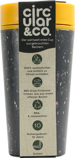 Circular & Co. herbruikbare to go koffiebeker (rCUP) zwart/geel 12oz/340ml