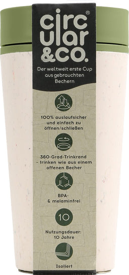Circular & Co - Travel Mug - Koffiebeker To Go - Coffee To Go Beker - 340 ml - Crème - Groen - 12oz - Duurzaam