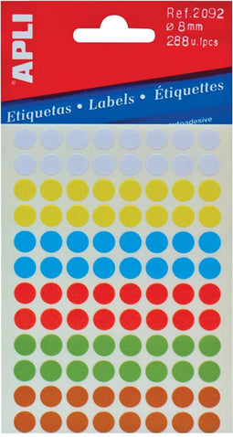 Apli ronde etiketten in etui diameter 8 mm, geassorteerde kleuren, 288 stuks, 96 per blad (2092)