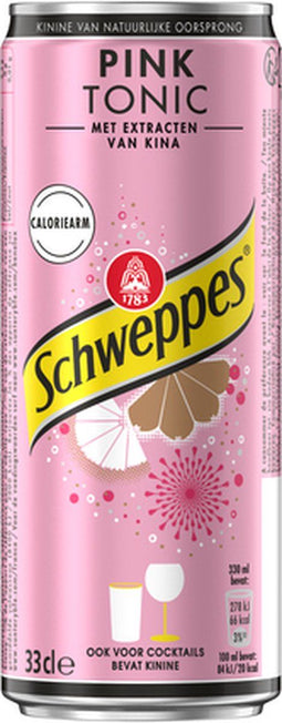 Schweppes Pink Tonic frisdrank, sleek blik van 33 cl, pak van 24 stuks