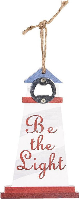 Clayre & Eef Flesopener 12x20 cm Rood Wit Ijzer Rechthoek Vuurtoren Be the Light Bieropener Flessenopener