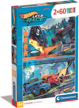 Clementoni Supercolor – Hotwheels Puzzel – 2 Legpuzzels voor Kinderen – 2 x 60 stukjes – Kinderpuzzels 4+ Jaar