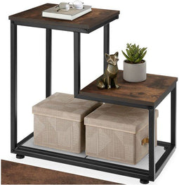 tectake® Halifax - Bijzettafel - 2 planken en roosterplank - Industrieel design - Zwart metalen frame - Afmeting (LxBxH) 60,5 x 35,5 x 60,5 cm - Donkerbruin