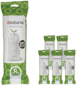 Brabantia PerfectFit - Vuilniszakken - 30 l - Code G - Scheurvast met trekbandsluiting - Wit (6 rollen x 20 stuks)