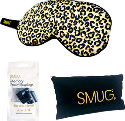 SMUG Slaapmasker met Zwarte Oordopjes en Opbergzakje - 100% Verduisterend - Verstelbaar Oogmasker in Satijn - Animal Print