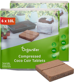 Coco Coir Kokossubstraat Tabletten - 12-Pack Van 10L Zakken, Totaal 120L - Gecomprimeerde Kokosvezel - Tablet/Water 1:3 - Ondersteunt Een Optimale Ph Van 6.4 - Versnelt Waterabsorptie - Herbruikbaar En Duurzaam - Biologisch Afbreekbaar - Organifer