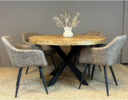 Combideal Eetkamerset: Ronde Mangohouten Eettafel 130 cm met 4 Montana Stoelen - Taupe