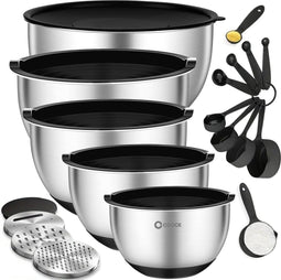 COOCK RVS Mengkommen set met Deksel - Beslagkommen met deksel - Bewaarbak met Rasp - Schaal voor Salades & Mengen - 22 Delige Set 1,5 t/m 5 Liter – Incl. Maatschepjes