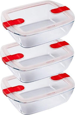 Cook & Heat Rechthoekige Schaal Met Magnetronbestendige Deksel - Set van 3 Stuks - Glas - Pyrex