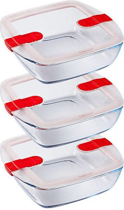 Cook & Heat Vierkante Schaal Met Magnetronbestendige Deksel - Set van 3 Stuks - Glas - Pyrex
