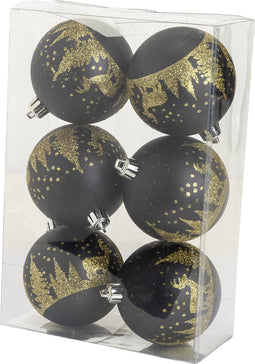 Cosy & Trendy Kerst - Kerstballen zwart met gouden glitter 6 stuks - Kunststof - o8cm