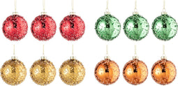 J-Line kerstbal Pareltjes - glas - goud/rood/oranje/groen - small - doos van 12