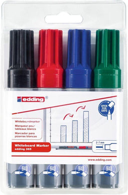 edding 365/4 S boardmarker set - zwart/blauw/rood/groen - beitelvormige punt 2-7 mm - geschikt voor whiteboard en flipchart