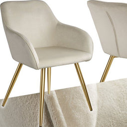 tectake® Eetkamerstoel Marilyn - Ergonomische Fluweelstoel - Gouden Poten - Creme